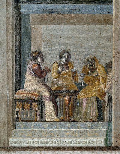 Római művészet: egy boszorkány és egy varázsló előkészülete. Mozaik a szamoszi Dioscorides (vagy Dioscourides) eredetije után (Kr. e. 2. század) a pompei Ciceron házában alkotó: Roman