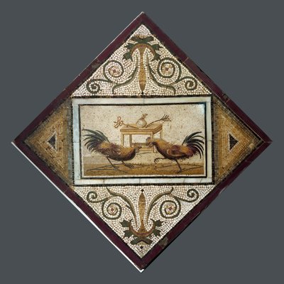 Római művészet: kakasviadal. Mozaik Pompejiből. 4. stílus. Nemzeti Régészeti Múzeum, Nápoly alkotó: Roman