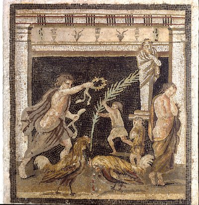 Római művészet: kakasviadal a palestrában a vereség és a győzelem megszemélyesítőinek jelenlétében. Mozaik a Pompei-i Villa du Labyrinth-ből. 2. stílus. Homályos. 46x42 cm Museo Archeologico Nazionale, Nápoly alkotó: Roman