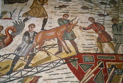 Római művészet: a mozaik részlete „” A fő vadászrész”” Gazellákat raknak a hajókra. Kr.u. 315-350. Piazza Armerina, Villa Romana del Casale alkotó: Roman