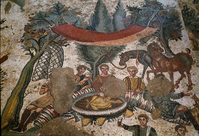 Római művészet: a mozaik részlete „” A kis vadászrész” A vadászok egy erdőben pihennek és ebédelnek. Kr.u. 315-350. Piazza Armerina, Villa Romana del Casale alkotó: Roman