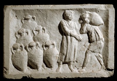 Római művészet: „” boroskorsók berakodása és elhelyezése””” Dombormű. Kr.u. 2. század. Róma, a római civilizáció múzeuma alkotó: Roman