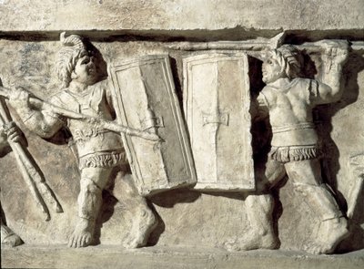 Római művészet: alacsony dombormű, amely gladiátorok csatáját ábrázolja. Kr.u. 1. század. Róma, Museo della Civilta Romana alkotó: Roman