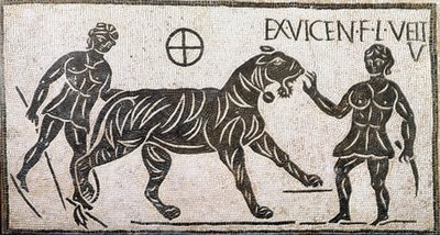 Római művészet: „” két nő megszelídít egy tigrist”” Mozaik a római Castro pretorioból. Kr.u. 1. század. Róma, Museo Nazionale Romano alkotó: Roman