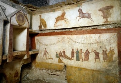Római művészet: „Fiatalok játszanak”” freskók a Via portuense sírját díszítve. 2. század. Nap. h. 90 cm Róma, Museo Nazionale Romano (o delle Terme) Olaszország alkotó: Roman