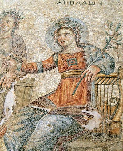 Az Apollo és Marsyas mozaik, Plinius és Apolló részlete, Aion háza, Paphos, ciprusi mozaik alkotó: Roman