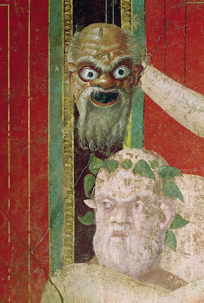 Az idős Silenus feje, fölötte egy Silenus maszk, Keleti Fal, Oecus 5, Kr.e. 60-50 alkotó: Roman