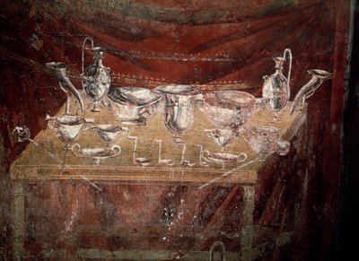 Kilátás egy ezüst edényekkel borított asztalra (freskó alkotó: Roman