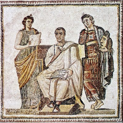 Virgil Az Eneidét írja Clio és Melpomene múzsák pillantása alatt – 4. századi mozaik JC után a tunéziai Susából. alkotó: Roman