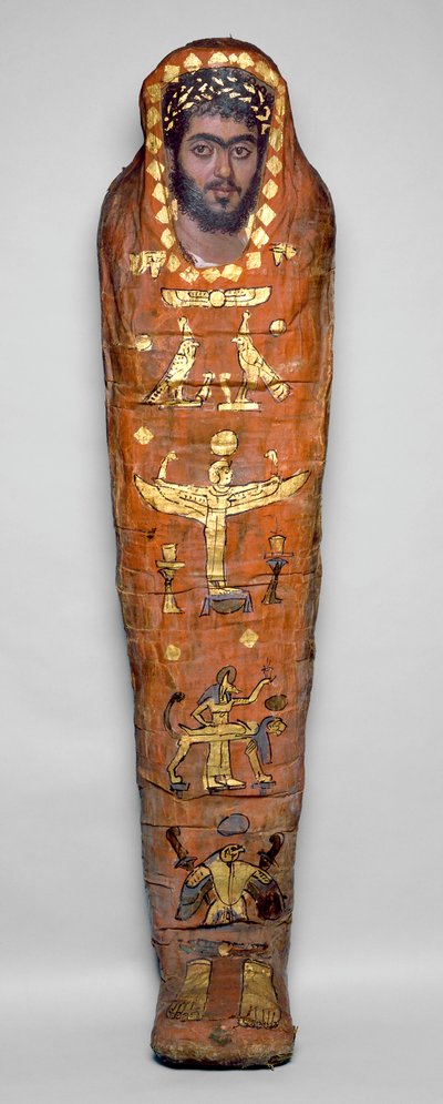 Fiatal férfi múmia, enkausztikus portréval, El-Hibehből (vászonba csomagolt emberi maradványok festett fapanellel). alkotó: Roman Period Egyptian
