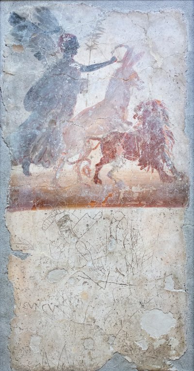 Egy oroszlánon áthatoló szamarat Viktória istennő koronázza, alatta egy gladiátori harcot ábrázoló graffito, egy üzlet felirata. alkotó: Roman Roman