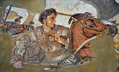 Alexander the Great (356 - 323 BC) on his horse Bucephale - detail of a mosaic of Pompei: Battle of Issos between Alexander and Darius (4th century BC). - opus vermiculatum - Musee Archeologique de Naples, Italy - Museo Archeologico Nazionale, Napoli, Ital alkotó: Roman Roman