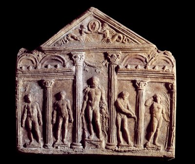 Campana nevű dekoratív terrakotta tábla, amely egy templomot ábrázol, közepén Herkules szobraival. Az ókori Róma. Párizs, Louvre Múzeum alkotó: Roman Roman