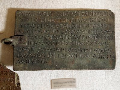 Latin nyelvű postaköltségrendelet bronzlemezen: január 21-én hirdették ki alkotó: Roman Roman
