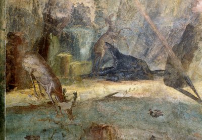Kutya által megtámadt szarvast, részlet az Actaeonról, amelyet a kutyái felfaltak, freskó a pompeii Menander-házból (UNESCO Világörökségi Lista) alkotó: Roman Roman