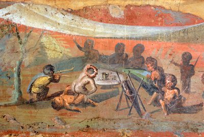 Detail of a painting depicting a scene set on plaster along the Nile with pygmies, 56x217 cm, from Pompeii, UNESCO World Heritage List Site alkotó: Roman Roman