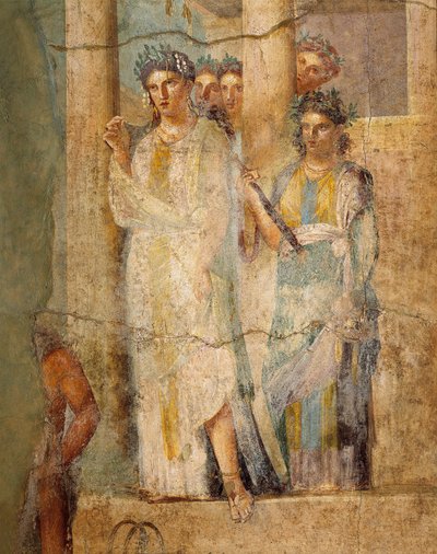 Iphigeniát a Bikában ábrázoló freskó, szobalányok részlete, L. Caecilius Giocondus házából Pompeiben, Olaszországban alkotó: Roman Roman