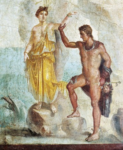 Andromédát szabadon engedő Perseust ábrázoló freskó a pompei Dioscuri házból alkotó: Roman Roman