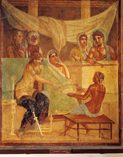 A.D.metus és Alcestis tanácsadó orákulumát ábrázoló freskó a Tragic Poet Házából, Pompei, Olaszország alkotó: Roman Roman