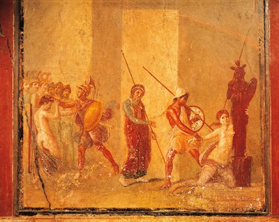 Priamosz, Menelaosz és Heléna találkozását ábrázoló freskó a pompeii királyi palotában, Campania, római civilizáció alkotó: Roman Roman