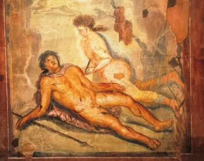 Pyramus és Thisbe mítoszát ábrázoló freskó, Loreius Tiburtino háza, Pompeii, Campania, a római civilizáció alkotó: Roman Roman