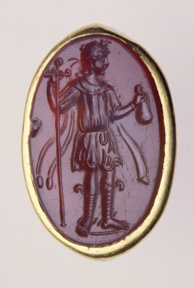 Fiatal férfialakot ábrázoló aranygyűrűben készült mélynyomat, ie 2. század (arany és szárd) alkotó: Roman Roman