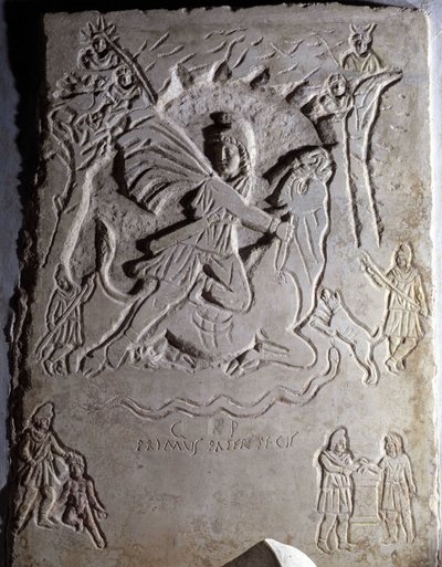 Alacsony dombormű Mithra (egy bikát lemészároló fiatalember) feláldozását ábrázolja. Musei Capitolini, Róma. alkotó: Roman Roman
