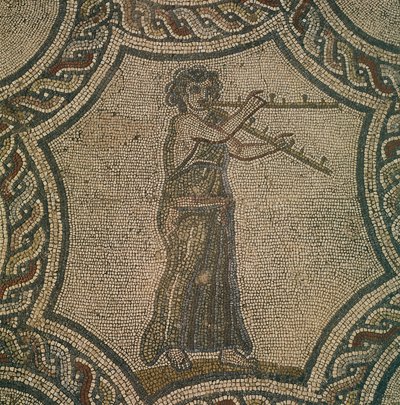Mozaik női fuvolást ábrázoló Dionüszosz-házból, a marokkói Volubilisben, a római civilizációban, alkotó: Roman Roman