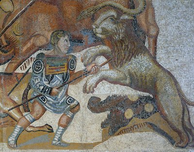 Mozaik egy vadvadászat jelenetével, egy vadállatot megölő gladiátor részlete alkotó: Roman Roman