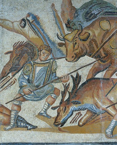 Egy vadvadászat jelenetét bemutató mozaik, egy állatot megölő gladiátor részlete alkotó: Roman Roman