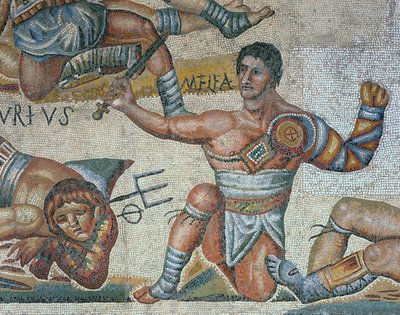 A harcoló gladiátorok jelenetét bemutató mozaik, egy diadalmas gladiátor részlete alkotó: Roman Roman