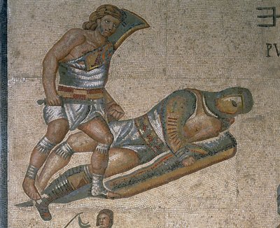 Mozaik harcoló gladiátorok jelenetével, egy páncélba öltözött gladiátor részletével alkotó: Roman Roman