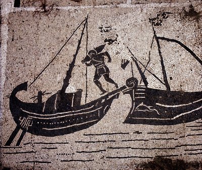Ostia (Ostia) Ősi, a Place des Corporations mozaikja. Csónak berakodása. alkotó: Roman Roman