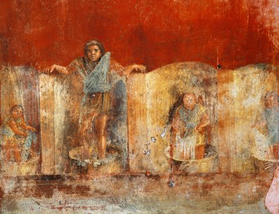 Gyapjúgyártást ábrázoló oszlopfreskó Pompeiből, Veranio Ipseo Fullonica alkotó: Roman Roman