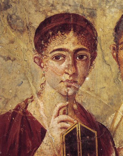 Terentius Neo pék és felesége ünnepi ruhában, a feleség részlete tollal és diptichonnal, Olaszországból, Campania, Pompei, Kr.u. 55-79, festmény gipszre alkotó: Roman Roman