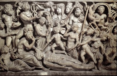 Prometeo létrehozta az uomót: Promethee megalkotta az első embert. Szarkofág Promethee mítoszának ábrázolásával. A görög és római mitológia szereplőivel: Prométheus, Psyche, kis szerelmek, Hermész, pszichopomp isten, Parques (szekrények), Poszeidon, alkotó: Roman Roman