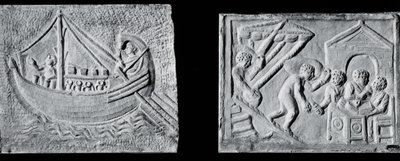 Kereskedelmi hajót ábrázoló dombormű (Museo Nazionale, Róma) és dombormű, amely egy hajó kirakodását ábrázolja (Museo Torlonia, Róma) 3. vagy 4. század (kő) (f/w fotó) alkotó: Roman Roman