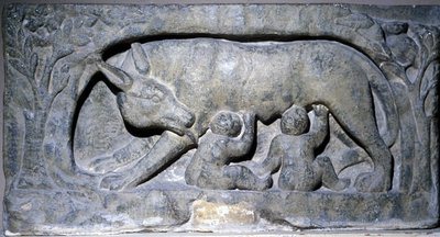 Dombormű Lupercal mészkőben (egy barlang neve Rómában): farkas Romulusszal és Remusszal, Avenches Múzeum. alkotó: Roman Roman