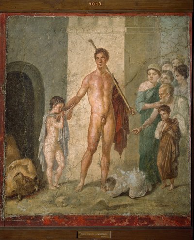 Thesee, a görög mitológia hőseinek ábrázolása, aki a minotaurusz diadala után kiszabadítja a hét fiatal férfit a labirintusból. Freskó a Pompei-i Villa de Gavius Rufusból. Homályos. 88x97 cm Nápolyi Régészeti Múzeum - Római művészet: ábrázolás o alkotó: Roman Roman