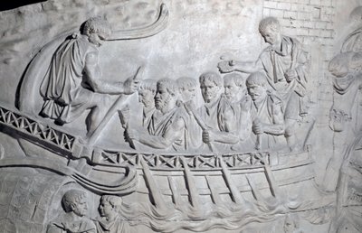 Római művészet: „Római katonák a dunai gályán az első daciai háború idején”” 1862-es öntőforma, amely a római Traianus (Trajane oszlop) (Colonna Traiana) domborműveit reprodukálja Rómában, amely a császár uralkodása alatt épült Traianus (53-117). A Traja alkotó: Roman Roman