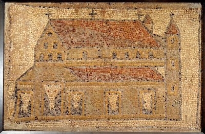 Római művészet: perspektivikusan ábrázolt bazilika mozaikja, 5. század 2. fele, Közel-Kelet - Párizs, Musee du Louvre - Római művészet: Qabr Hiram mozaikja Tírusz közelében Föníciában, egy kora bizánci (paleokeresztény) szentnek szentelt templomból Christo alkotó: Roman Roman