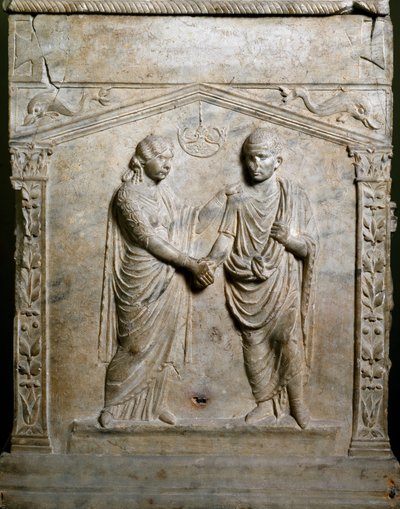 Római művészet: a halotti oltár az esküvő helyszínét díszíti (Junctio dextrarum). Alacsony megkönnyebbülés. Róma, Museo Nazionale Romano alkotó: Roman Roman