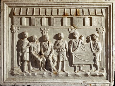 Római művészet: szövetet és kárpitokat ábrázoló alacsony domborműves forma. 2. századi eredetiből. Rome Museo della Civilta Romana alkotó: Roman Roman