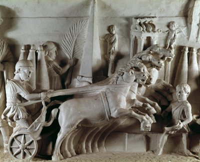 Római művészet: quadrige-t ábrázoló faragott dombormű, négy ló által vontatott szekér. Római Régiségek Múzeuma, Róma alkotó: Roman Roman