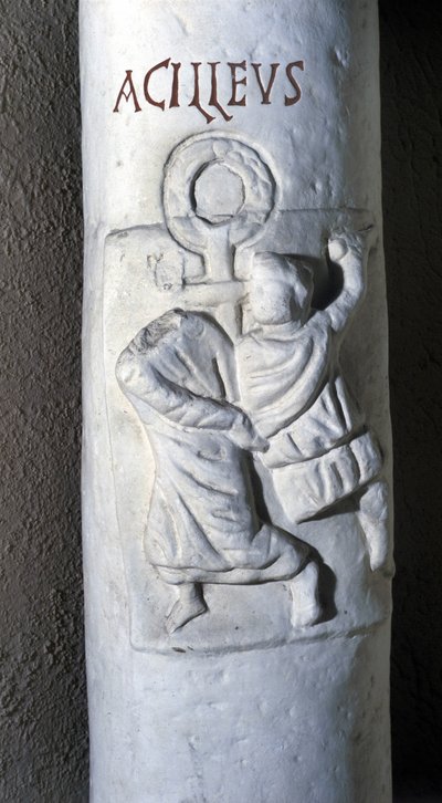 Szent Akhilleusz, a 4. század római vértanúja, akit Caesar lefejezett, mert nem akart esküt tenni, mert keresztény volt. A Santa Domitillától Rómáig tartó katakombák alacsony domborműve. alkotó: Roman Roman