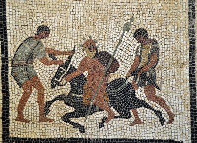 Sileno ebbro: Silene részegen lovagol egy szamáron, amelyet két szolga tart. Mozaik Pompejből, Paquius Proculus vagy C. Cuspius Pansa házából - Nápolyi Régészeti Múzeum, Olaszország - Museo Archeologico Nazionale, Nápoly, Olaszország - Photo Patrice Cartie alkotó: Roman Roman