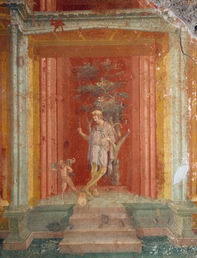 Színházi jelenet, freskó (IV. stílus) piros háttéren a Pinarius Cerialis házból, Pompeiiből (az Unesco világörökségi listája) alkotó: Roman Roman