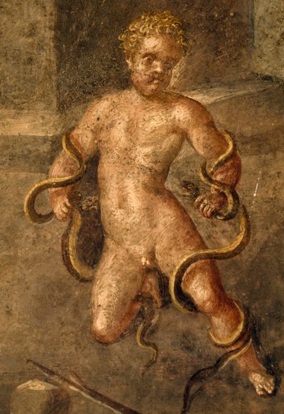Fiatal Héraklész fojtogatja a kígyókat, részlet az oecus freskójáról a Pompei-i Vettii-házban (UNESCO világörökségi lista) alkotó: Roman Roman