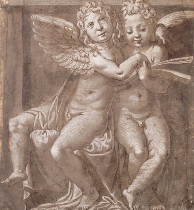 Két ülő angyal énekel, Polidoro da Caravaggio nyomán (toll és barna tinta barna mosás fehérrel szürkéskék papíron) alkotó: Roman School
