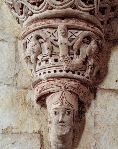 Sellő, a szentély faragott fővárosa alkotó: Romanesque